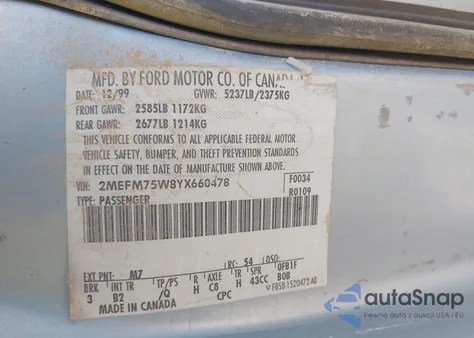 2000 Mercury Grand Marquis Ls из США, поврежденный, VIN 2MEFM75W8YX660478